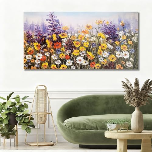 Ardemy Wildflower Canvas Wall Art for Living Room Large Colorful Daisy Floral Textured Pictures Bedroom Paintings Wall Decor Flower Artwork for Walls Home Office, 58"x29" 58"L x 29"W Yellow 
