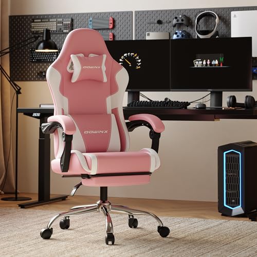 Pink Gaming Chair with Footrest and Massage Lumbar Support, Ergonomic Reclining Computer Chair 330lbs with Adjustable Height and Headrest Pillow, Cute Aesthetic Esports Chair for Girls, Pink