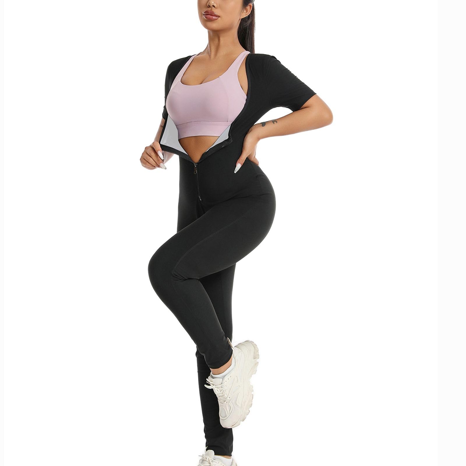 Hotfiary Sauna Suit for Women, Full Body Sweat Jumpsuit for Weight Loss, 4 IN 1 Slimming Body Shaper Waist Trainer Workout Vest for Belly Fat, Short/Long Sleeve Sauna Bodysuit for Gym Exercise Running