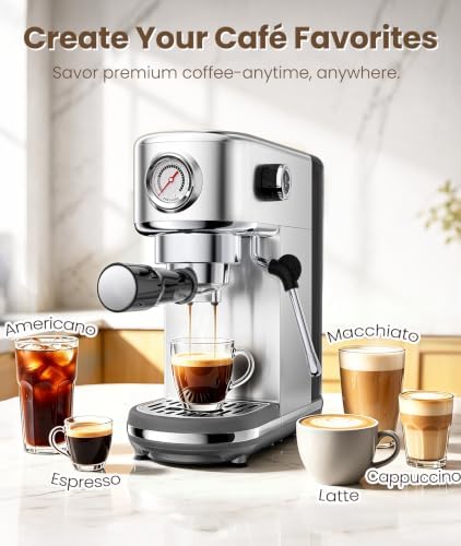 atatix Espresso Machine with Milk Frother, 20 Bar Pressure Espresso Maker, with 44OZ Removable Tank, Compact Stainless Steel Coffee Machine for Home, Office, Latte, Cappuccino, Macchiato, Silver