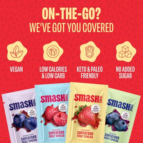 Image of Smash Foods Single Serve Jam Packets | Variety 12-Pack | Natural, Keto & No Sugar Added | Vegan & Upcycled Fruit Spread | Low-Calorie, Superfood Snack