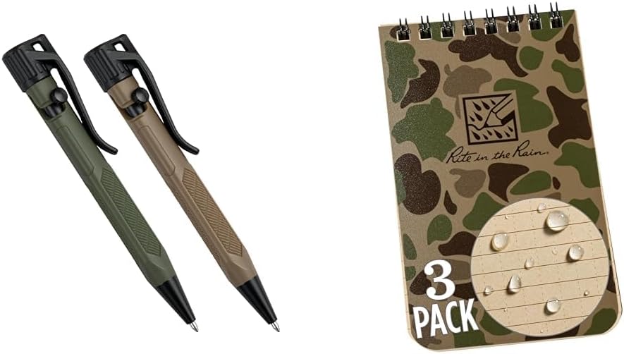 Rite in the Rain 2 Pack Black Ink Bolt-Action Pens and 3 Pack Duck Camo Top Spiral Notebooks