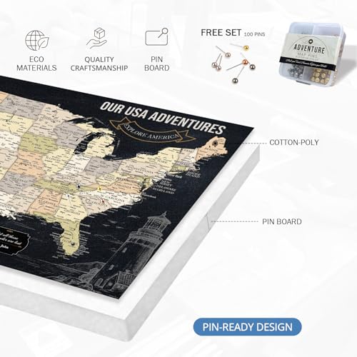 Image of IPIC - Personalized Canvas USA Map Painting for Wall Decor, Pinnable Board Amerika to Mark Travels, Custom Artwork with Names, USA Travel Map for Home, Office, Study, and RV, Ready to Hang
