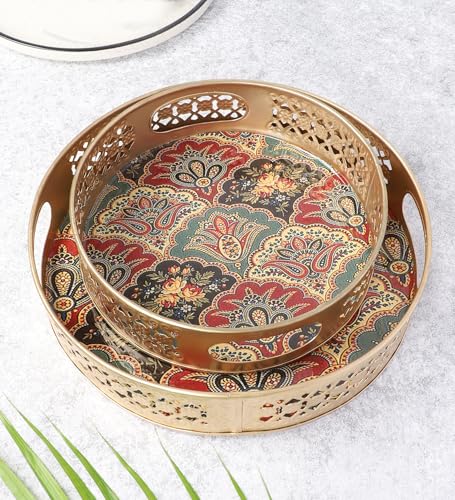 Image of Two Moustaches Traditional Design Metal Round Serving Trays Set (8 Inches & 10 Inches), Serving Plates for Home, Platters for Tea /Coffee /Fruits /Snacks, Decorative Pichwai Tray, Golden, Pack of 2