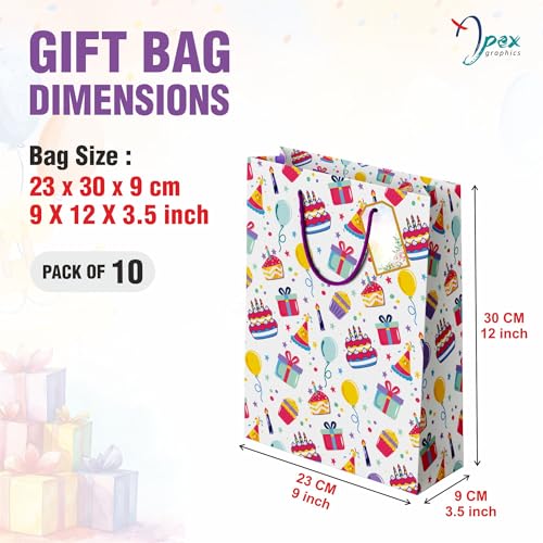 Image of Paper Bags for Birthday Return Gifts - Pack of 10 | Gift Bags Medium Size | Return Gift Bags for Kids Birthday Party | Medium Carry Bags for Gifts | Paper Bags for Gifting | 23 x 30 x 9 cm | Bag with Tissue, Tag & Banner