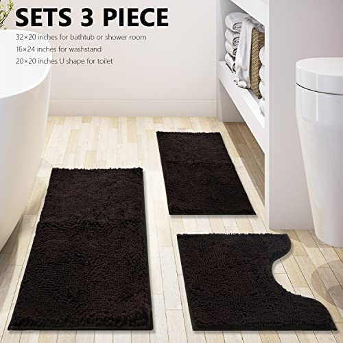 Image of Bathroom Rugs Chenille 3-Piece Extra Soft and Absorbent Shag Bathroom Rugs, Machine Wash Mat, Strong PVC Non-Slip Underside, Plush Carpet Mats (Coffee)