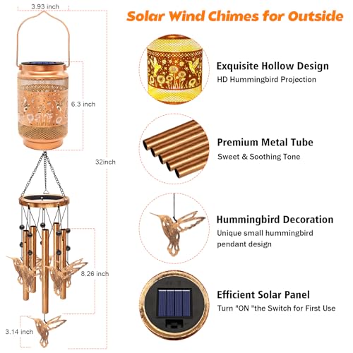 Image of 2 Pack Hummingbird Solar Wind Chimes for Outside, Gifts for Mom Women Grandma Birthday Memorial Teacher, 32 inch Windchimes Outdoor Decor Hanging Solar Lantern for Garden Porch Patio Backyard