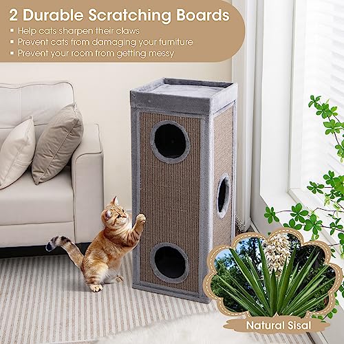 PETSITE 4-Story Cat Tree Condo Barrel Tower, 39 Inches Top High Edge Cat Condo Bed with Removable Cushion, Natural Sisal-Covered Scratching Board Indoor Cat Furniture, Grey