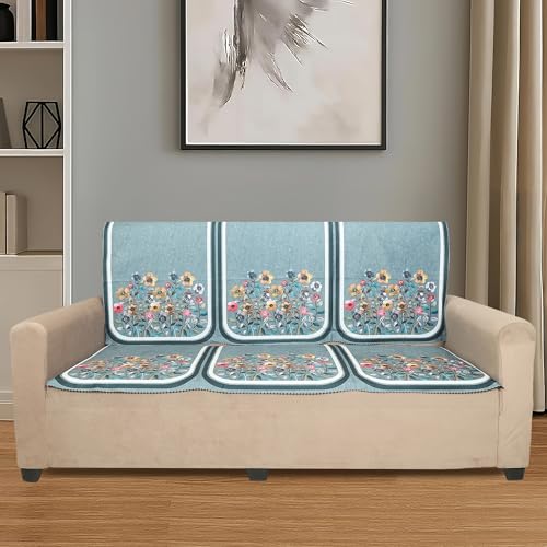 Image of Velvet Single Seater Sofa Cover with 2 Seat and Back Covers - Floral Design - Washable Fabric - Stylish Sofa Cover for Modern Living Room (Green, 1 Seater Without Arm Cover)
