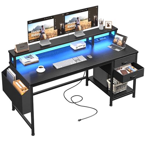 DurayLoly 48" Gaming & Office Desk with Drawers, LED Lights