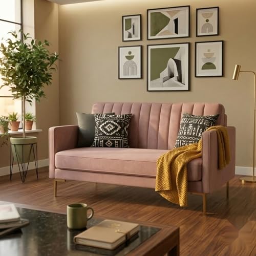 Image of Velum 3 Seater Sofa for Living Room & Office | Premium Fabric Upholstery | Solid Wood Frame | Comfortable Seating | 3 Years Warranty (Blush Pink, 2 Seater Sofa)