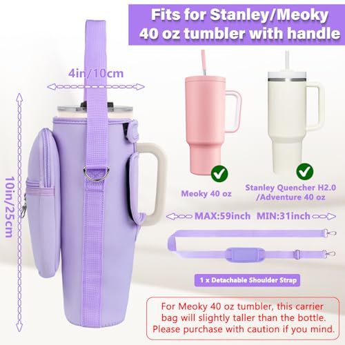 Image of Water Bottle Carrier Bag with Phone Pocket Compatible with Stanley /Meoky 40 oz Tumbler with Handle,Water Bottle Holder Pouch with Adjustable Strap Compatible with Stanley Cup Accessories,Purple