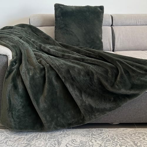 PETIT ALO Manta de Pelo Corto para Sofá y Cama 130x170 cm – Plaid Suave y Cálido de Imitación Piel, Dos Texturas, Colcha Auxiliar Invierno, Color Verde Bosque