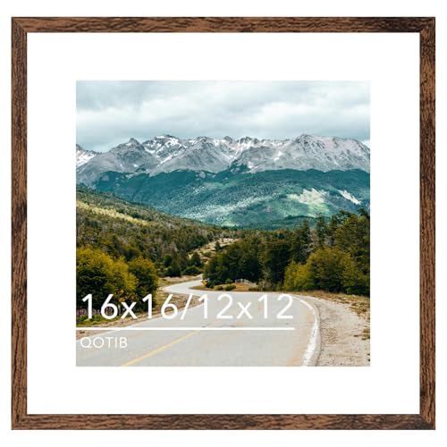 QOTIB Wood 16x16 Picture Frame with 12x12 Mat Deep Brown Display 12x12 with Mat or 16x16 without Mat Wood 16 by 16 Photo Frame 16 x 16 Frame for Wall Hanging Display Deep Brown
