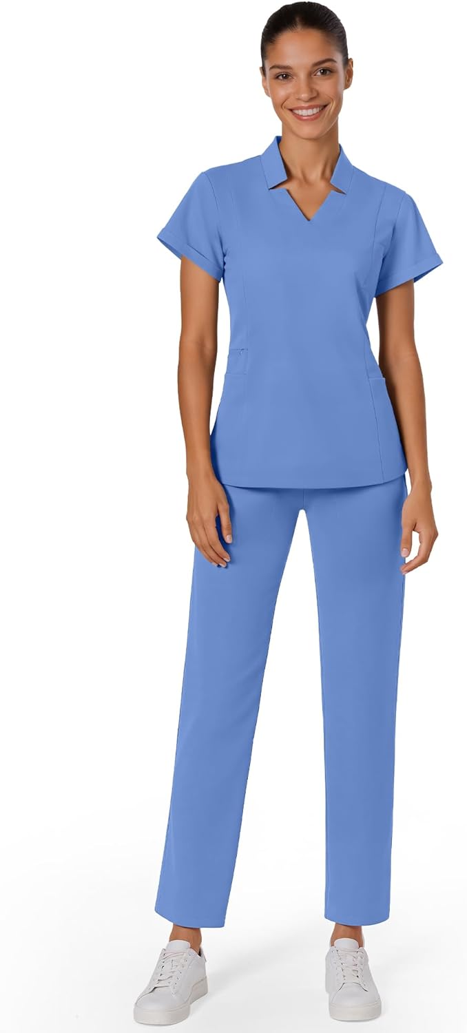 Medical Scrubs for Women Set - Slim Fit V-Neck Nurse Uniform Top & Soft Relaxed Scrub Pant for Women with 9 Pockets