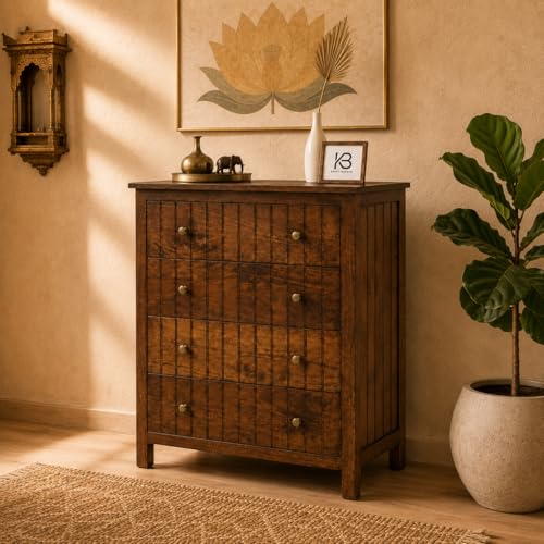 Image of Solid Wood Madrid Chest of Drawers | Drawer Chest with 4 Drawers | Wooden Drawer Storage Cabinet | Finish- Brown