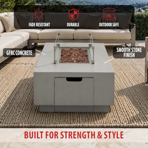 Image of AMS 66 inch Rectangular Concrete Propane Gas Fire Pit Table Bundle, Light Gray