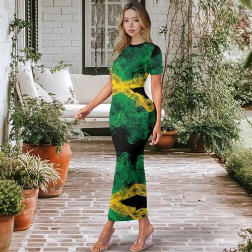 Image of Womens Short Sleeve Jamaican Flag Midi Bodycon Dress | Soft stretchy fabric,crew neck,jamaican print casual date night cocktail party, elegant chic, spring summer fall all season