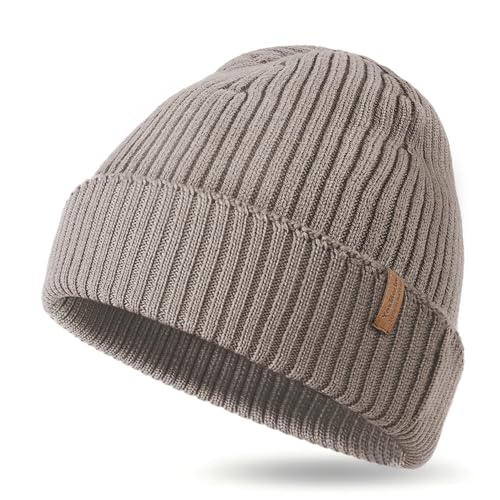 100% Merino Wool Rib Knit Beanie for Men Women, Cuffed Winter Hat, Soft Warm Lightweight Unisex Cold Weather Gift Khaki