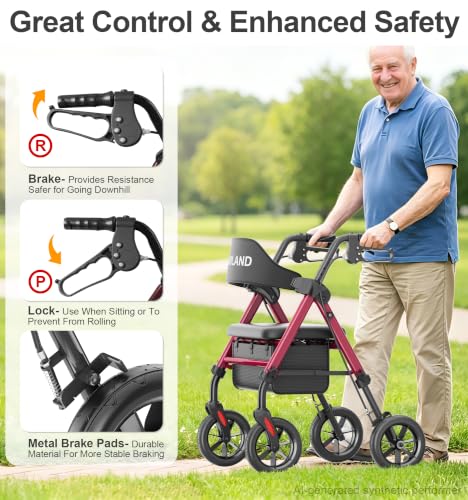 Image of HOMLAND Foldable Rollator Walkers for Seniors with Seat, 17 lb Lightweight | 8 inch All-Terrain Rubber Wheels, Reinforced Aluminum Frame, Cup Holder, 16'' Enlarged Seat, Height Adjustable, Easy Assembly