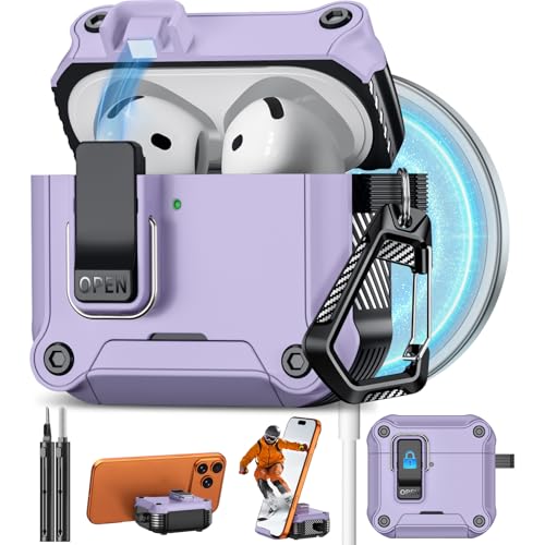 Image of Pohgelan for AirPods 4 Case with Safety Lock-Purple | Magnetic Automatic Lock with Cleaning Kit&Keychain,Compatible with Magsafe