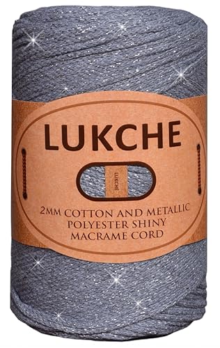 Lukche 2mm Cotton Sparkle Macrame Cord 224 Yards, 8.80 Oz, Colorful Crochet Macrame Cord for Wall Hangings, Bags, Plant Holders, Carpets, Polypropylene Supplies (Silver Smoked)