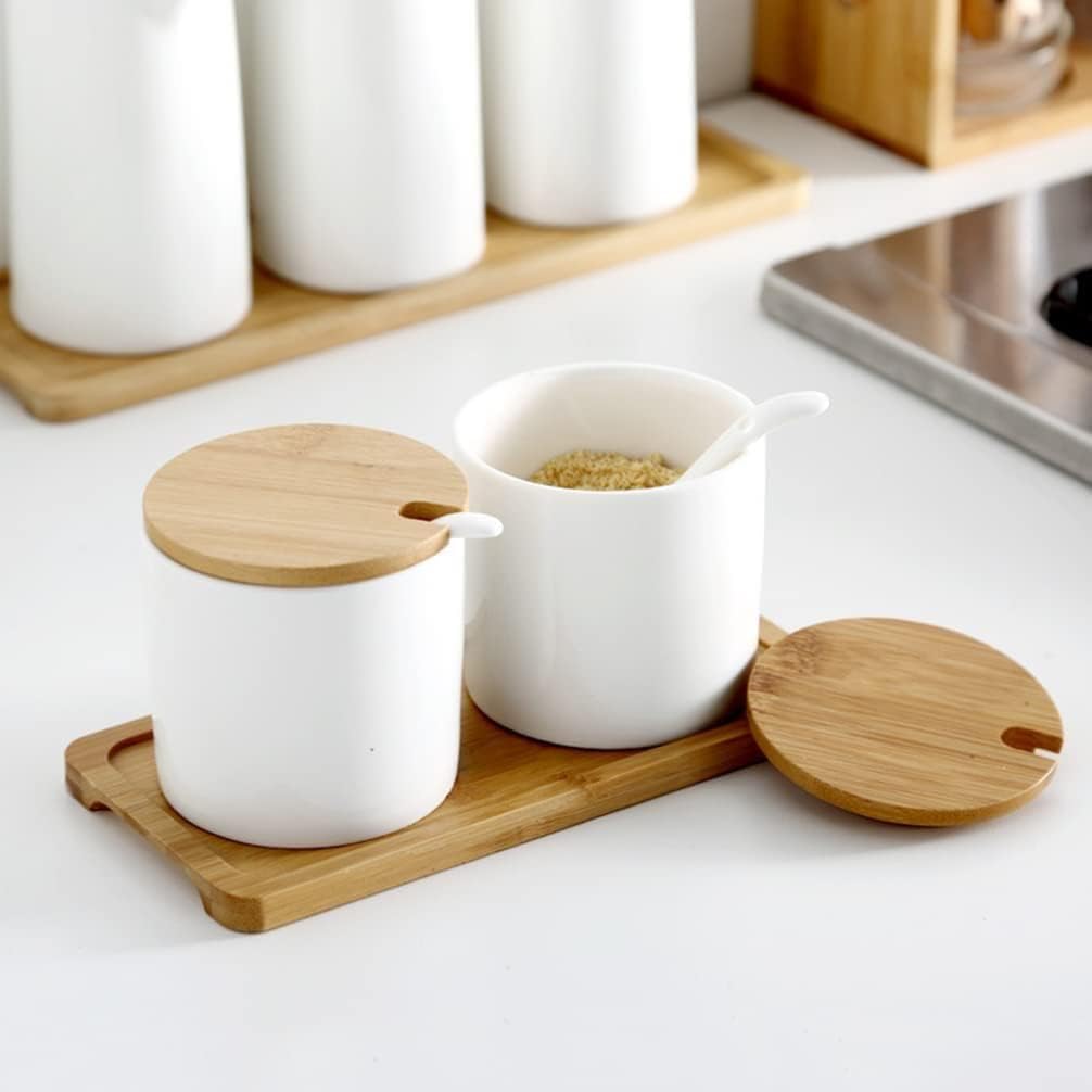 Porcelain Condiment Jar Spice Container with Wooden Lids and Spoon Pottery Cruet Pot for Home Kitchen Counter White