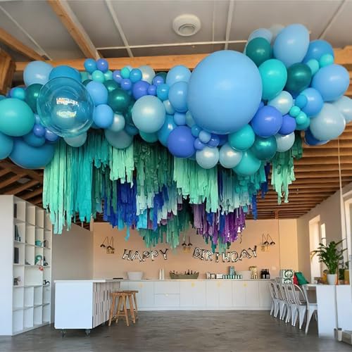 Image of Blue Balloon Garland Arch Kit, 112 Pcs Pastel Baby Light Blue Royal Blue Slate Teal Blue Turquoise Metallic Green Under the Sea Balloon Arch Kit for Boys Ocean Birthday Baby Shower Party Decorations