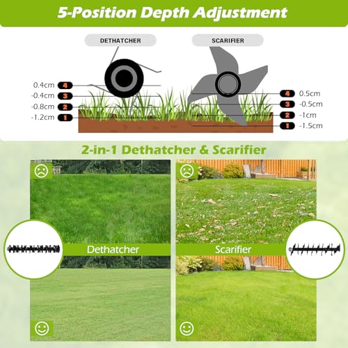 TANGZON 2000W 2-in-1 Electric Lawn Scarifier and Aerator, Garden Grass Dethatcher Rake with 40cm Working Width, 3-Position Height, 5-Position Depth Adjustment, Scarifier Weeder (Green & Black) 8 TANGZON 2000W 2-in-1 Electric Lawn Scarifier and Aerator, Garden Grass Dethatcher Rake with 40cm Working Width, 3-Position Height, 5-Position Depth Adjustment, Scarifier Weeder (Green & Black) - Image 8
