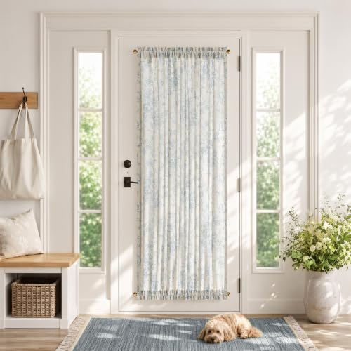 Image of jinchan Alice Floral French Door Curtain Farmhouse Linen for Sliding Glass Door 72 Inches 1 Panel with Tieback Light Filtering Curtain for Window Patio Rod Pocket Blue on Linen