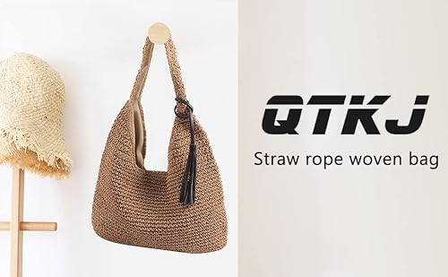 Qtkj Hand-Woven Soft Large Straw Shoulder Bag With Black Tassels Boho Straw Handle Tote Retro Summer Beach Bag Rattan Handbag (Brown) #TOP1