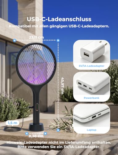 YISSVIC Elektrische Fliegenklatsche extra stark 4000V 2 in 1 Schwarz 1 STK – Ansicht 6