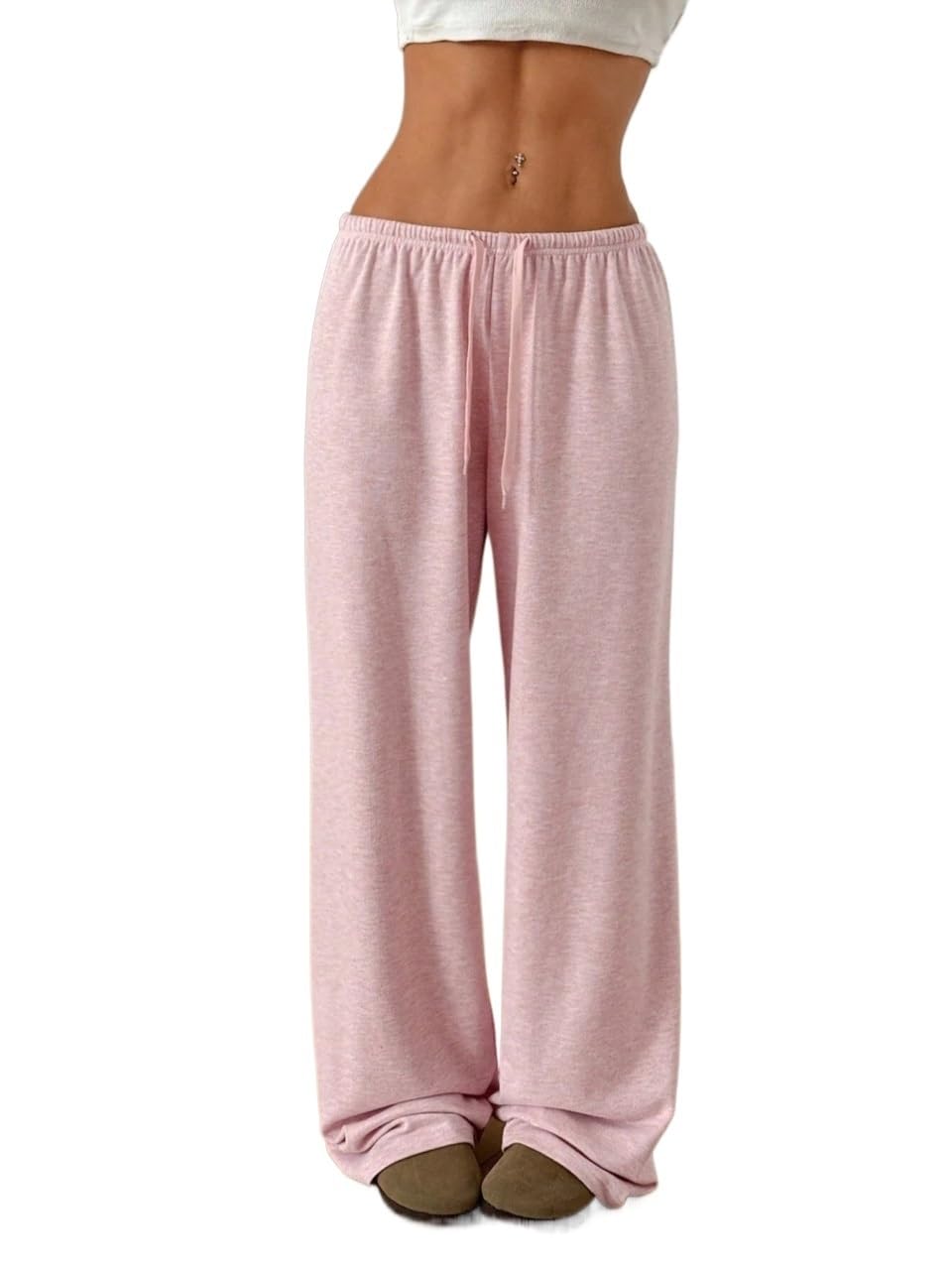 Womens Fall Solid Color Drawstring Waist Soft Knit Loose Casual Pants Trousers