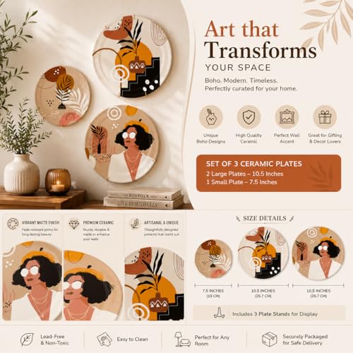 Image of Boho Ceramic Decorative Wall Plates Set of 3 with Stands - Modern Abstract Wall Decor for Living Room, Bedroom & Balcony - Neutral Beige Bohemian Hanging Plates for Home Decoration
