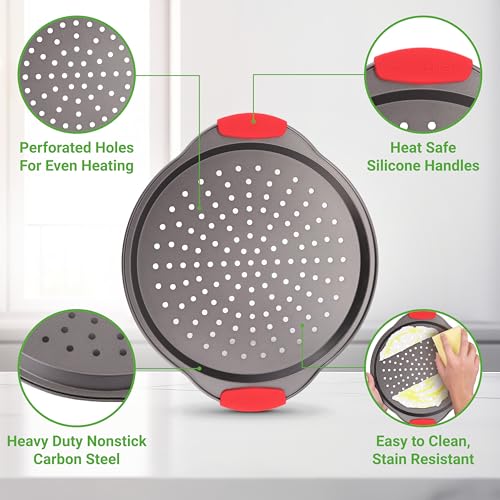 NutriChef 3-Piece Pizza Tray Set with Silicone Handles - Round Nonstick Pizza Pan with Perforated Holes, Durable Carbon Steel, Small, Medium, Large Sizes - Ideal for Crispy, Evenly Baked Pizzas (Gray) - Image 6