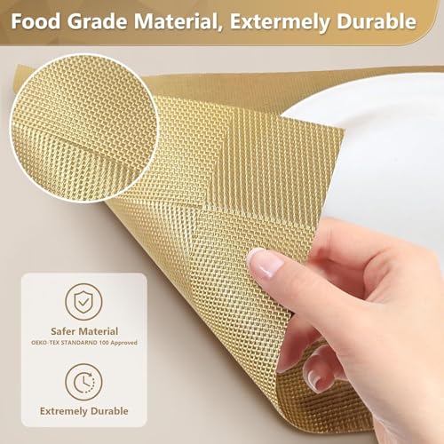 Image of Heat Resistant Table Placemats Set of 4 | Washable Dining Table Mats for Kitchen & Home Decor | Non-Slip, Waterproof, Easy to Clean PVC Woven Placemats for Dining Table (Golden Beige)