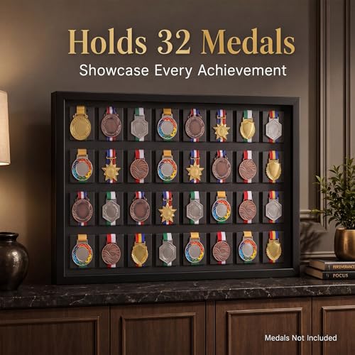 Image of Silipull 32 Medals 3D Large Medal Shadow Box Display Case with Glass Cover, Medal Holder Display Frame 98% UV Protection 32.5 x 20.3 Inches for Runners Marathon Triathlon Soccer Gymnastics All Sports