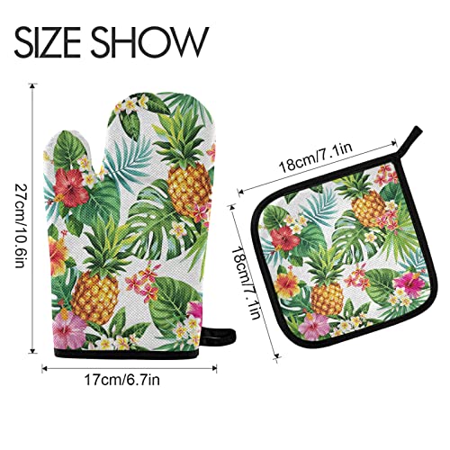 Exnundod Tropical Pineapple Floral Oven Mitts And Pot Holders Set Palm Leaves Summer Hot Pads&Gloves 2Pcs Potholders For Spring Seasonal Kitchen Cooking Baking Bbq #TOP1