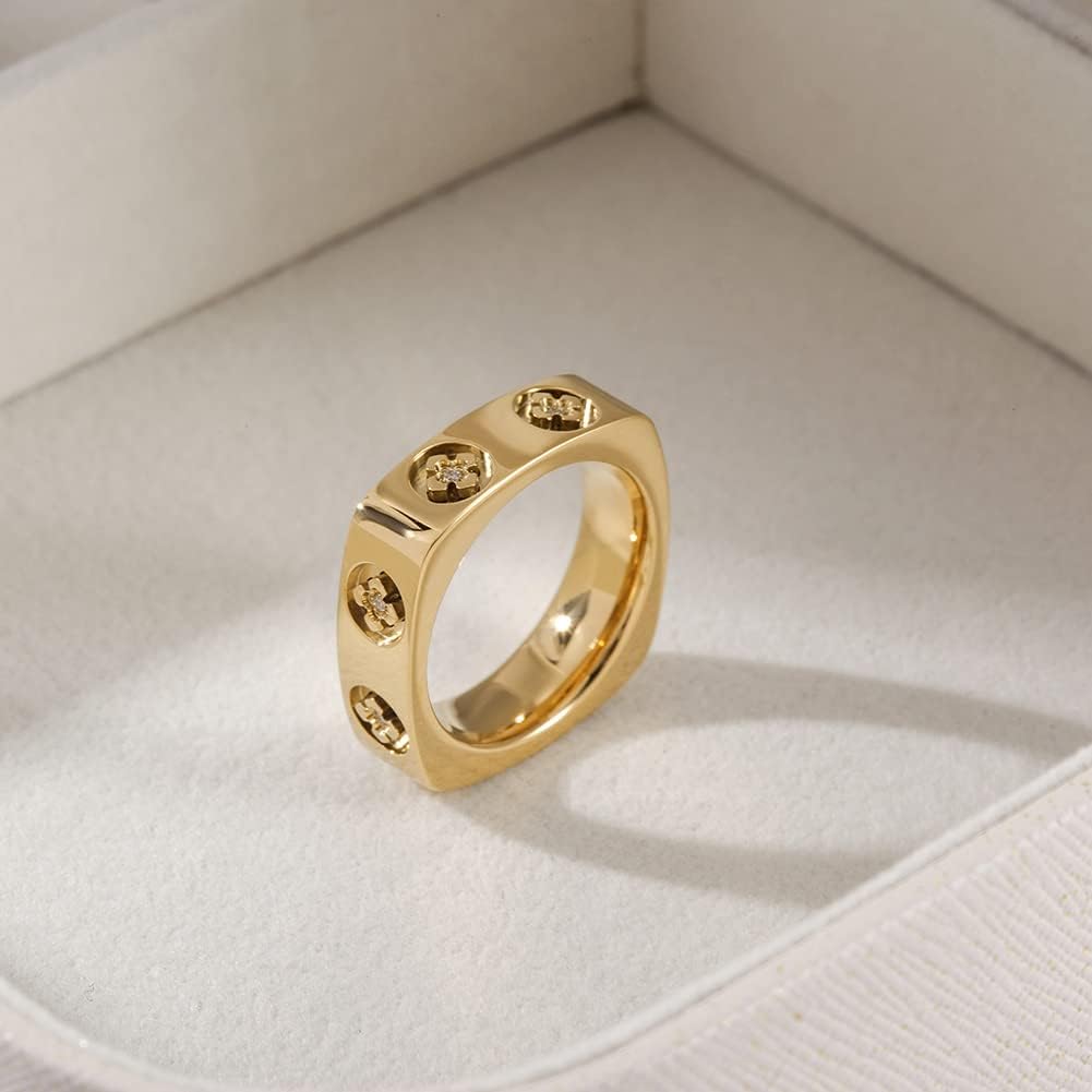 18K Gold Rings for Women Non Tarnish, Vintage Statement Cocktail Cubic Zirconia Ring, Gold Plated Stainless Steel Chunky Rings, Fashion Finger Jewelry Size 6,7,8,9 - Image 3