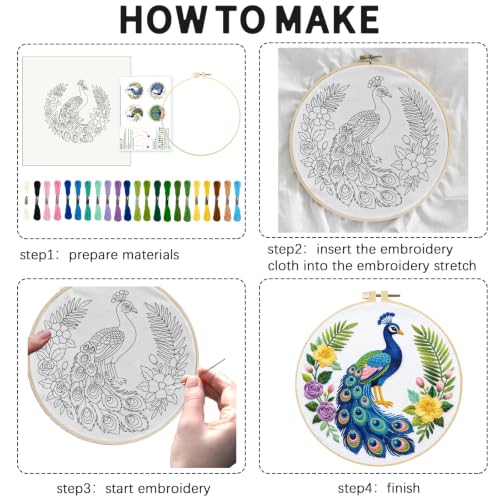 Image of INFUNLY 4pcs Green Peacock Embroidery Kit for Beginners Peacock Flowers Cross Stitch Kits with Pre-Printed Patterns 11.6x11.6inch Embroidery Starter Kit with 22 Colors Thread for DIY Craft Lovers