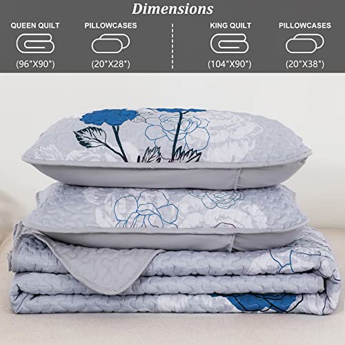 Floral Quilt Set King Size,Elegant Blue Floral Printed Bedspread Coverlet 3 Pieces Soft Microfiber Bedding Set With 2 Pillowcases For All Season (104"×90") #TOP5