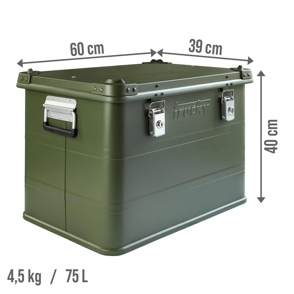 Trucky Aluminiowe pudełko z pokrywką, kolor zielony, skrzynka aluminiowa, 75 l, metalowe pudełko do przechowywania, zamykane