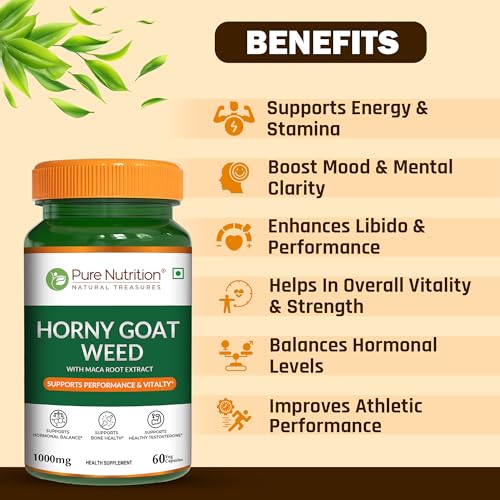 Image of Pure Nutrition Horny Goat Weed with Maca Root Extract 1000mg | Horny Goat Weed for Men Capsule Supports Energy, Stamina, Bone & Hormonal Health - 60 Veg Capsules