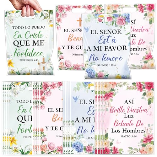 Falueqg Religious Christian Gift Bags - 100 Pcs Spanish Bible Verse Goodie Candy Gift Bags Inspirational Flower Party Supplies for Women Birthday Wedding Christmas Church Baptism Spring Party Favors