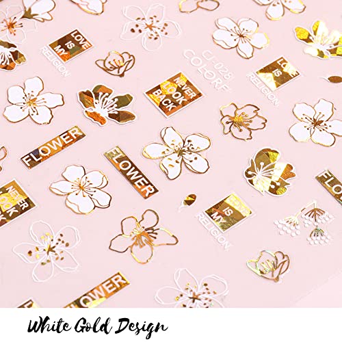 9 Sheets Laser Gold White Foil Nail Stickers Decals,3D Self-Adhesive Abstract Face Shining Flowers Diy Sticker Nail Art Supplies Golden Leaf Flower Design Acrylic Nail Art Decorations Accessories #TOP3