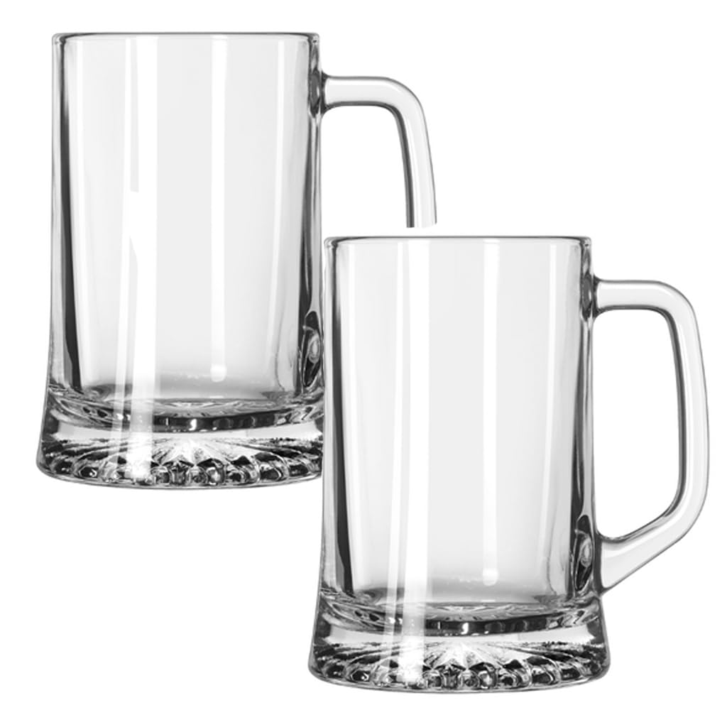 ukgiftstoreonline Set of Two Traditional Large Beer Tankard Glasses Mugs, 16cm Height, 10cm Width, Nucleated Base, Heavy Weight, Comfortable Handle, Gift for Men