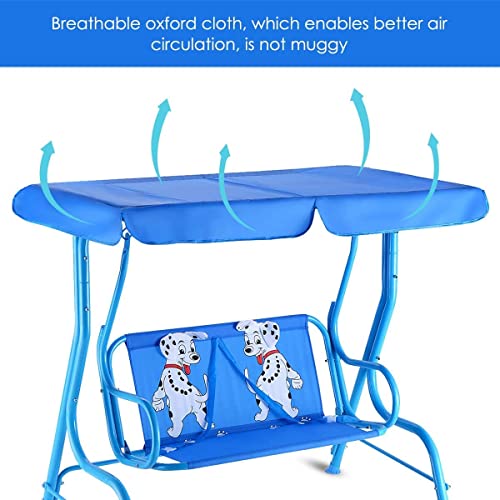Fireflowery Kids Patio Swing, 2-Seater Outdoor Hanging Swing Bench W/Removable Canopy & Safety Belt, Porch Swing Lounge For Patio Garden Balcony Yard (Blue Puppy) #TOP6