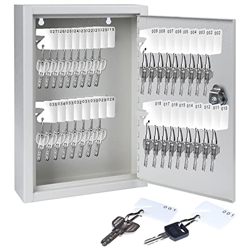 40 Schlüssel, Stahl-Safe für Schrank, Schlüssel, Aufbewahrung, Schloss - Schlüssel-Management, Wandhalterung mit Schlüsselschloss, 40 Schlüsselhaken und Etiketten, Schlüsseletiketten (weiß) Cover