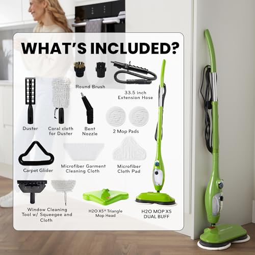 Image of H2O X5 Dual Buff Steam Mop, 8 in 1 Handheld Steam Cleaner For Kitchen Tile Floors, Hardwood Floors, Grout Cleaner, Upholstery Cleaner and Carpets, 2 washable scrub pads, 11 cleaning accessories