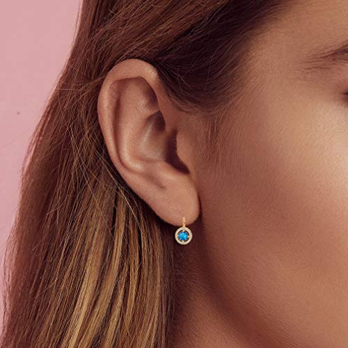 Austrian Crystal Halo Round Leverback Drop Earrings For Women 14K Rose Gold Plated Hypoallergenic Jewelry (Light Blue) #TOP7